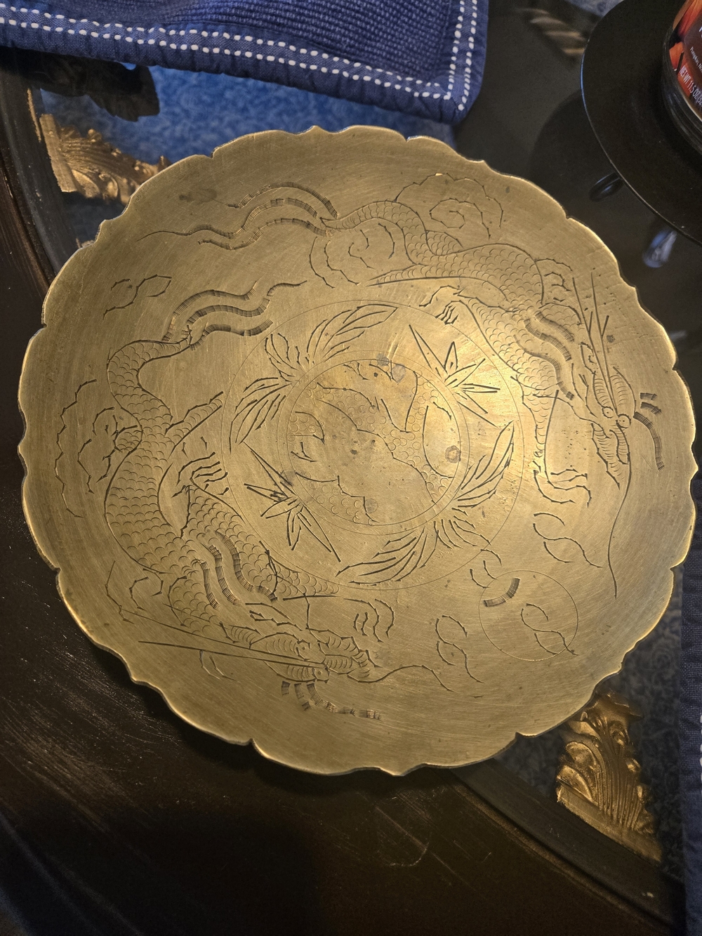 Engraved Brass Decorative Tray with Dragon Motif - Gold Tone